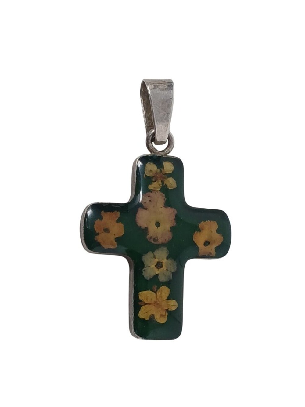 Handmade Sterling Silver Cross Pendant Real Pressed Flowers In Resin 1.5/8" #G-4